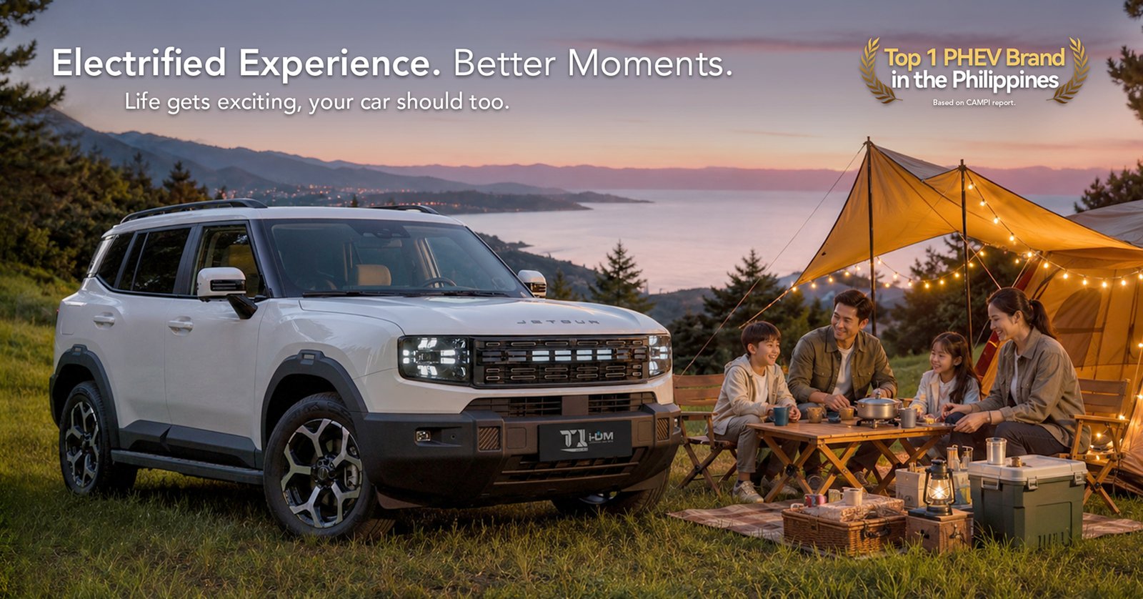 Jetour T1 i-DM plug-in hybrid SUV beside a family campsite overlooking the coast at sunset.